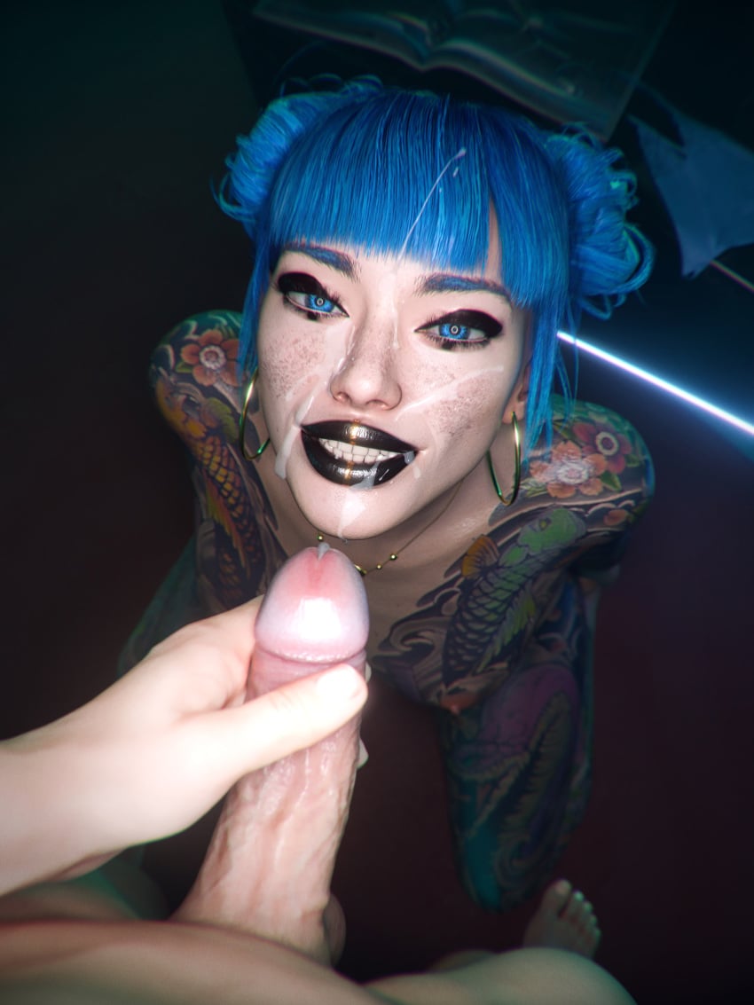 1boy 1girls 3d absurd_res absurdres areolae black_and_gold_lipstick blue_eyes blue_hair breasts cd_projekt_red checkpik cheri_nowlin completely_nude cum cum_on_face cum_on_mouth cyberpunk_(series) cyberpunk_2077 eyeliner facial female female_focus freckles freckles_on_face full_body_tattoo hands_behind_back hi_res highres hoop_earrings indoors kneeling kneeling_on_ground legs_apart light-skinned_female light_makeup light_skin lipstick long_hair looking_at_viewer looking_up male male_pov necklace nipples nude nude_female on_knees open_smoile panties panties_removed penis small_breasts smile straight tattoo tattoos tattoos_everywhere tied_hair wide_smile yakuza_tattoo
