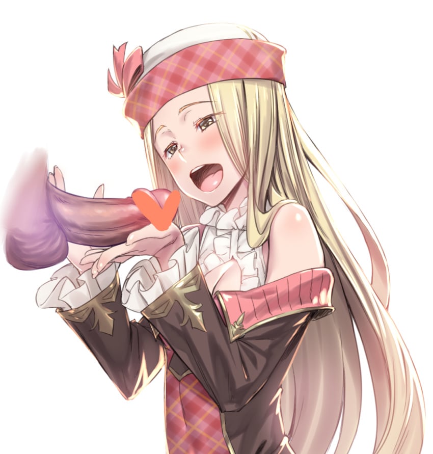 bare_shoulders blonde_hair blush breasts caress censored cleavage cleavage_cutout diola_(granblue_fantasy) female granblue_fantasy h_kasei hair hat headgear long_hair open_mouth penis smile solo_focus straight tongue white_background yellow_eyes