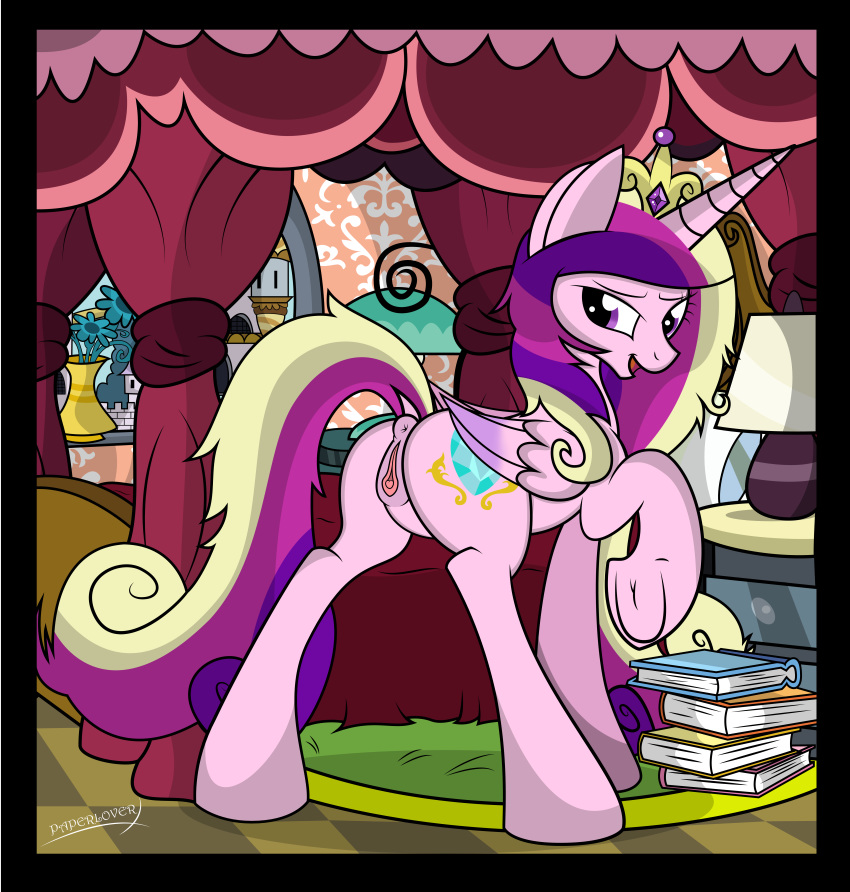 2016 absurd_res alicorn animal_genitalia animal_pussy anus bed book canopy crown cutie_mark equine equine_pussy feathered_wings feathers female feral flower friendship_is_magic fur furniture hair hi_res horn inside lamp looking_at_viewer looking_back mammal multicolored_hair my_little_pony paperlover pink_feathers pink_fur plant presenting princess_cadance_(mlp) purple_eyes pussy rug smile solo vase window wings