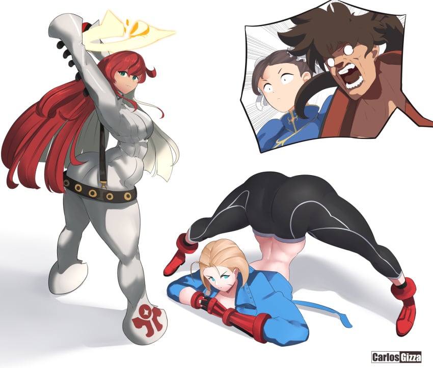 1boy 3girls arc_system_works ass cammy_stretch cammy_white capcom carlosgizza chun-li crossover female guilty_gear guilty_gear_strive human jack-o'_valentine jack-o_pose male multiple_girls red_hair sol_badguy street_fighter street_fighter_6 thighs