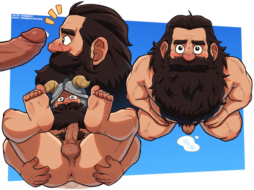 2boys absurdres anal_hair anus ass bara baramantik beard beard_over_mouth blush completely_nude cum cumdrip dungeon_meshi dwarf erection facial_hair fake_horns from_above helmet highres horned_helmet horns kneeling long_beard looking_at_viewer looking_up male_focus mature_eyes mature_male moustache multiple_boys multiple_views notice_lines nude penis presenting profile senshi_(dungeon_meshi) tearing_up thick_mustache uncensored very_long_beard yaoi