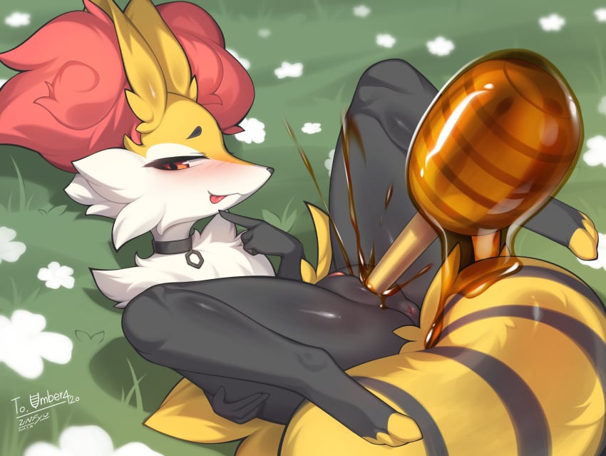 2024 3_toes 4_fingers absurd_res anthro anthro_penetrated anus black_stripes braixen choker choker_only feet female female_penetrated fingers food fur generation_6_pokemon genitals grass hi_res honey inner_ear_fluff jewelry leaking_pussy looking_at_viewer lying lying_on_ground markings necklace necklace_only nintendo nude on_back on_ground outside penetration plant pokemon pokemon_(species) pussy red_eyes solo spread_legs spreading striped_markings striped_tail stripes tail tail_markings toes tongue tongue_out tuft vaginal_penetration yellow_body yellow_fur yellow_tail zinfyu