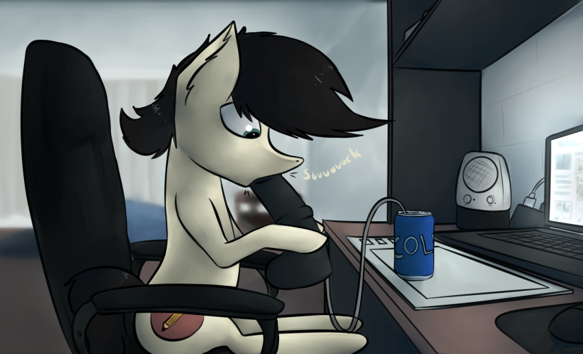 chair cola computer dick_straw dildo equine highres horse male mammal marsminer my_little_pony original_character pone_keith pony sex_toy solo table