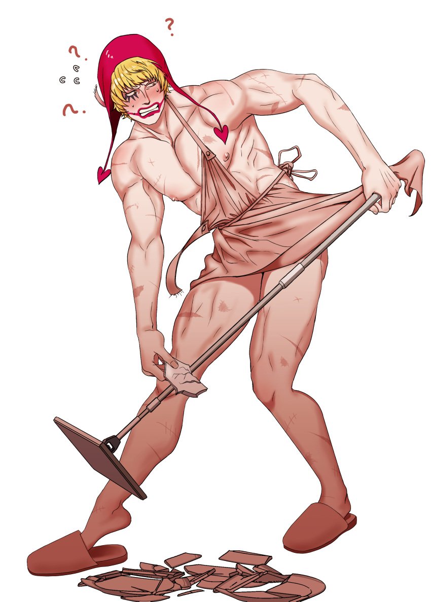 ? apron blonde_hair blush cleaning clenched_teeth clown_makeup clumsy coif donquixote_rosinante facepaint full_body hat hcartoon77719 headwear lipstick makeup male male_only muscular muscular_male naked_apron one_piece pale-skinned_male pale_skin parody pinup red_lipstick scars slippers solo standing sweat wardrobe_malfunction