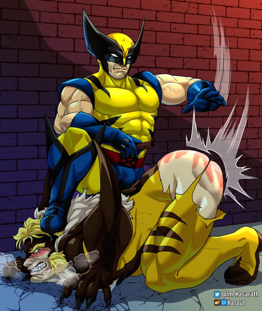 ass bara blush body_hair bulge costume facial_hair flaccid gay hasout_b james_howlett male male_only marvel marvel_comics muscles muscular ripped_clothing sabretooth spanking spanking_ass victor_creed wolverine_(x-men) x-men