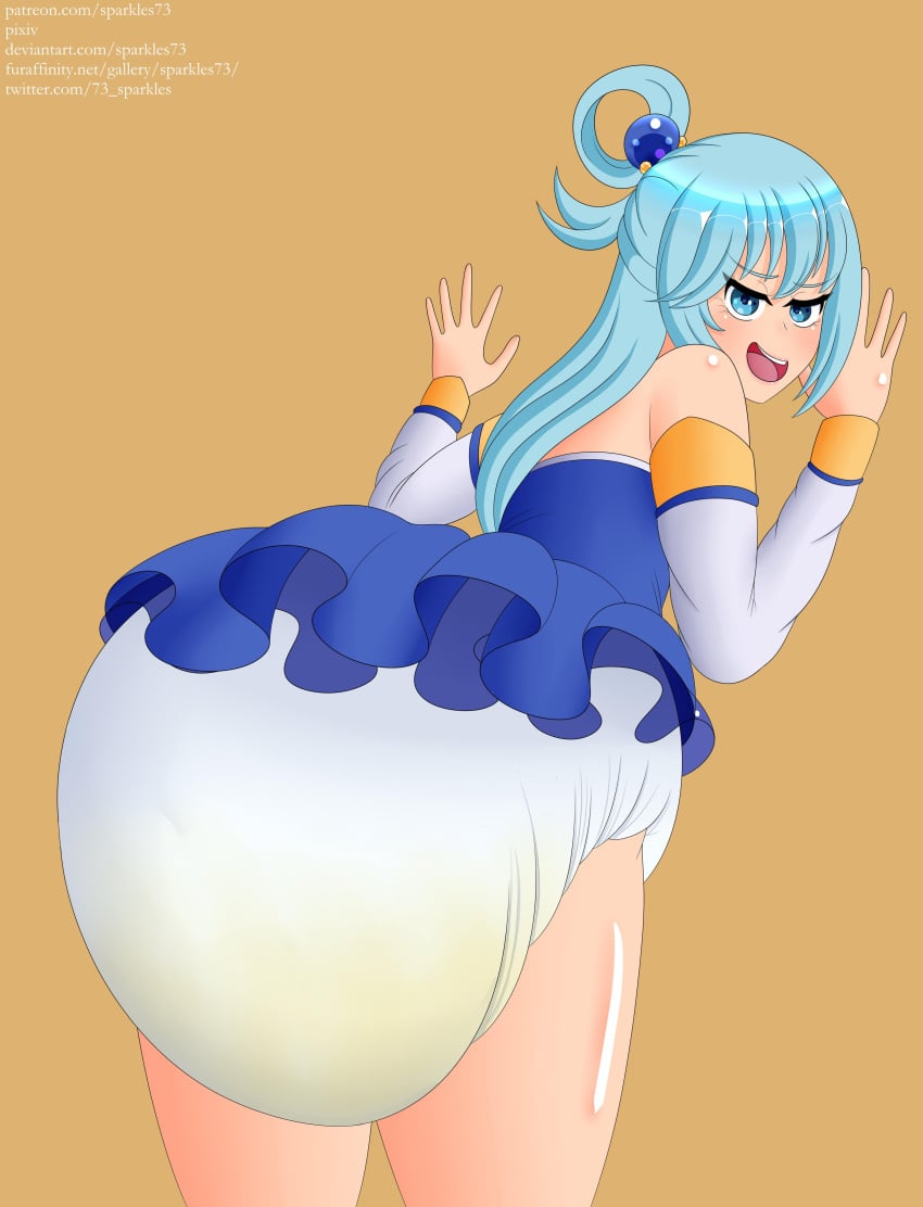 aqua_(konosuba) ass ass big_diaper diaper diaper_stain diaper_under_skirt kono_subarashii_sekai_ni_shukufuku_wo! looking_at_viewer looking_back peeing peeing_self sparkles73 stained_diaper upskirt used_diaper wetting wetting_diaper