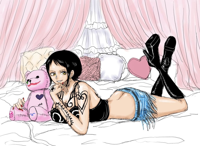 1girls arm_tattoo ass back back_tattoo bed bedroom belt black_footwear blue_skirt boots breast_tattoo breasts butt_crack cleavage denim denim_skirt donquixote_pirates_jolly_roger donquixote_rosinante earrings female female_only full_body genderswap_(mtf) heart heart-shaped_pillow indoors jewelry knee_boots large_breasts looking_at_viewer lying namnam_op on_stomach one_piece parted_lips pillow red_nails rule_63 short_hair shoulder_tattoo skirt solo stuffed_animal stuffed_toy tattoo teddy_bear thighs trafalgar_law trafalgar_law_(female) yellow_eyes