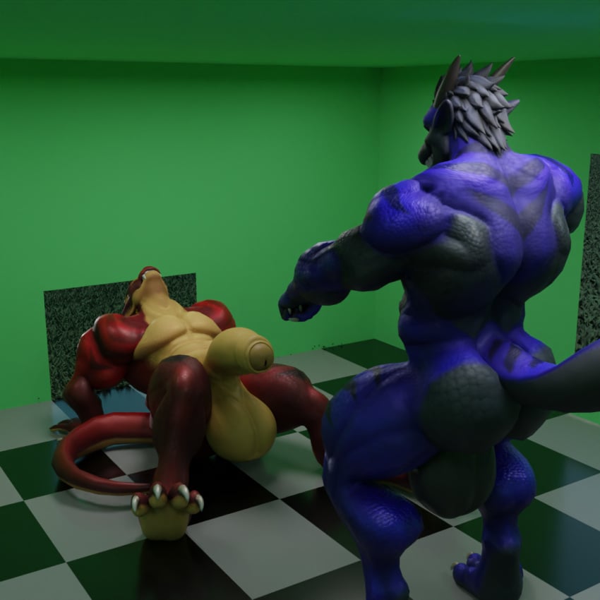 anthro ass balls belly big_balls big_belly big_butt big_penis black_penis blue_body dergdrister dragon drister_(dergdrister) duo genitals growth huge_balls huge_cock hyper hyper_balls hyper_genitalia hyper_penis larger_male looking_at_another male male/male muscular mythological_creature mythological_scalie mythology paws penis red_body scalie simple_background size_difference slightly_chubby tyler_(dergdrister) yellow_penis