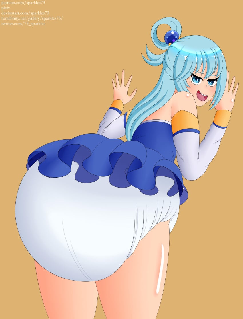 aqua_(konosuba) ass ass big_diaper diaper diaper_under_skirt kono_subarashii_sekai_ni_shukufuku_wo! looking_at_viewer looking_back sparkles73 upskirt