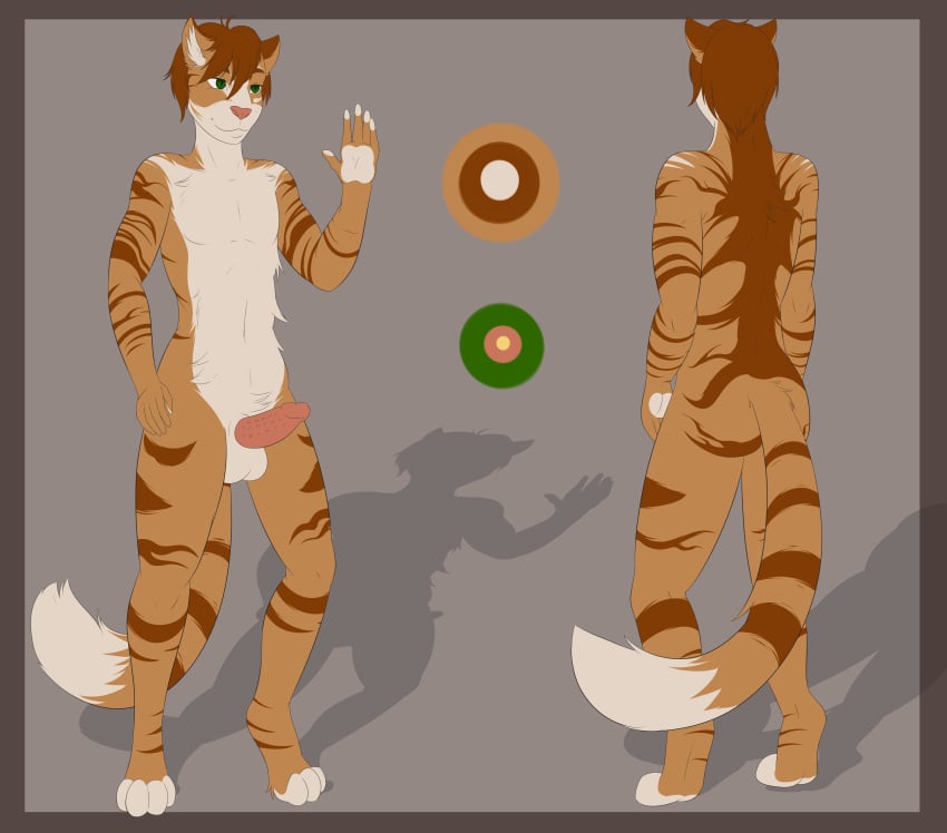 2016 4_toes absurd_res anthro balls border brown_fur brown_stripes erection feline fur green_eyes grey_background hair hi_res male mammal mature model_sheet multicolored_fur nude penis simple_background smile standing stripes tabby toes two_tone_fur white_fur white_sclera wolfpsalm