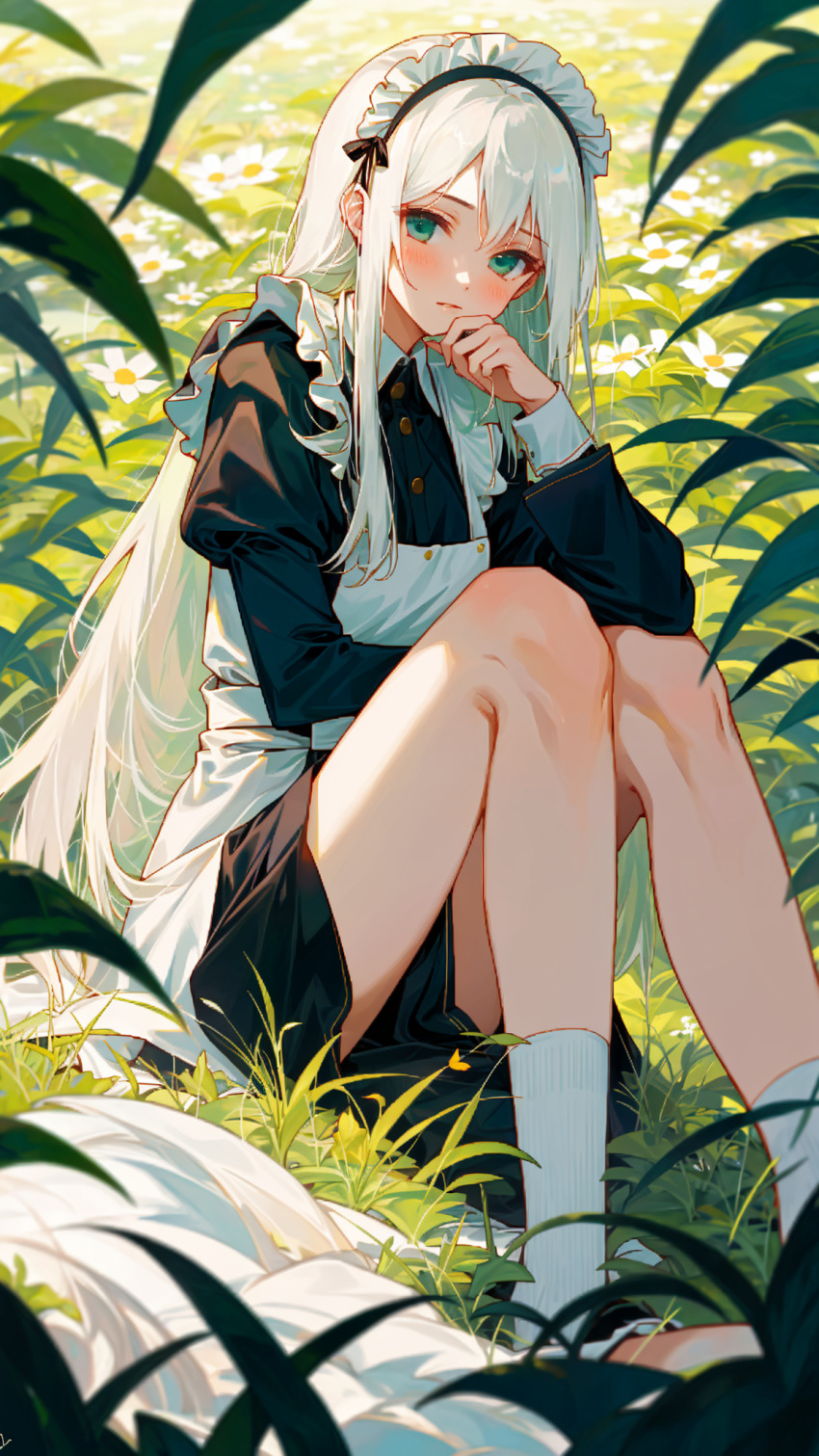 ai_generated blue_eyes blushing_at_viewer field_background hand_on_head high_resolution long_hair looking_at_viewer maid sitting white_hair white_socks