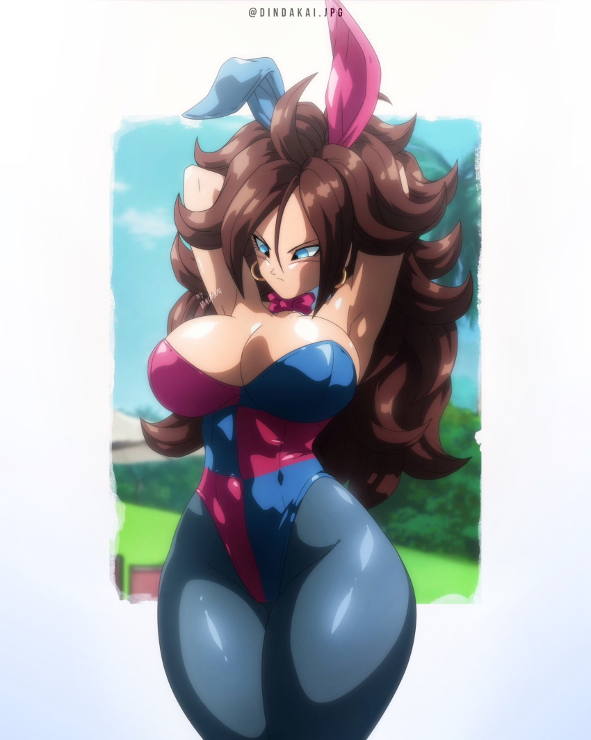 android_21 android_21_(human) arms_above_head blue_eyes brown_hair bunny_ears bunnysuit dindakai dragon_ball earrings long_hair muscular thick_thighs tights wide_hips