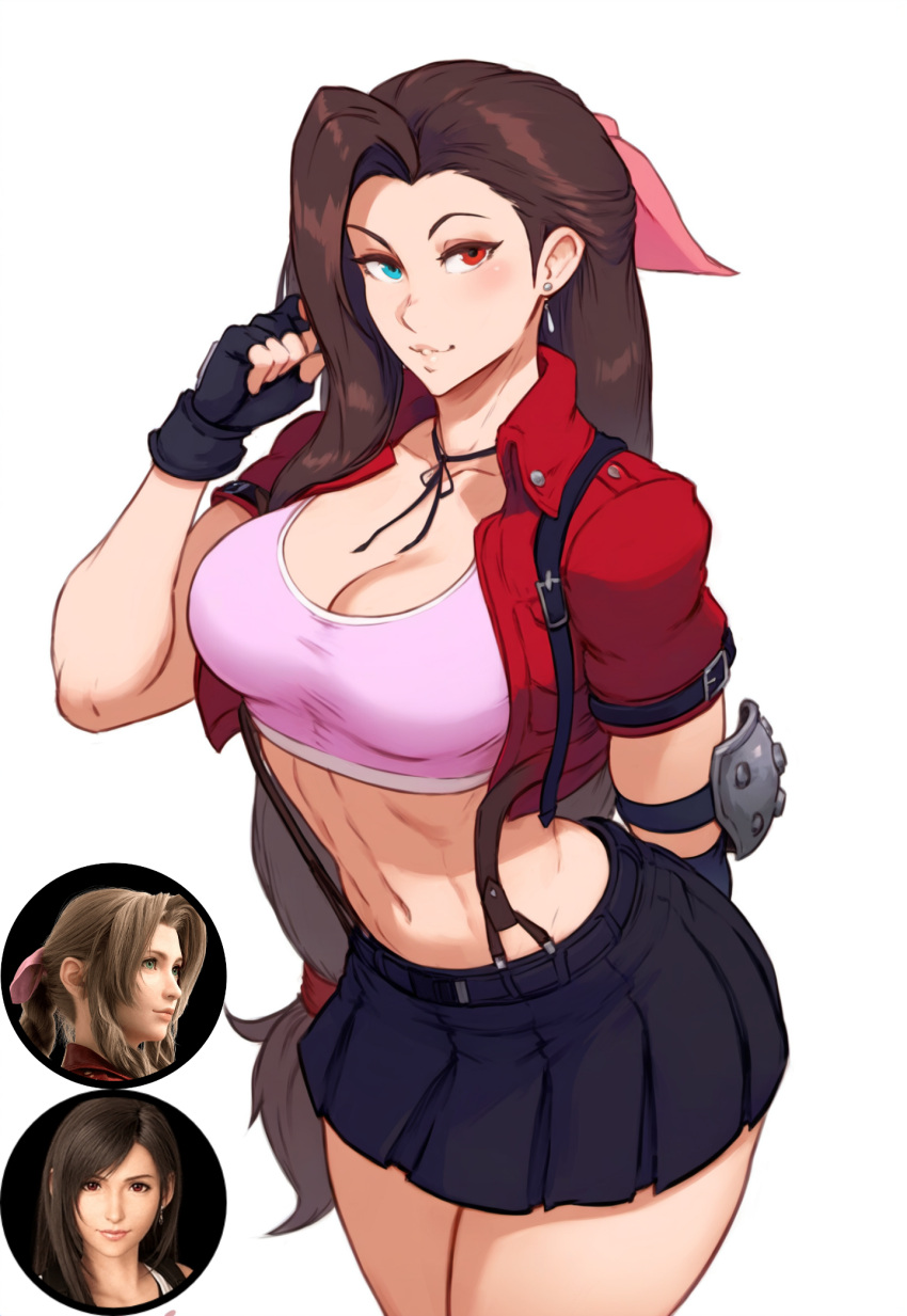 aerith_gainsborough ai_generated big_breasts brown_hair crop_top final_fantasy final_fantasy_vii fused fusion fusion_character heterochromia krystalizedart medium_breasts miniskirt narrow_waist pink_shirt red_clothes skinny smile thick_thighs tifa_lockhart white_background