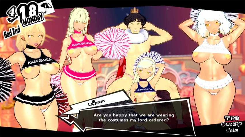 2024 bimbo bimbofication blonde_hair cheerleader cheerleader_uniform cuckold curvaceous dark-skinned_female enemy_conversion gyaru hifumi_togo koikatsu large_ass large_breasts lavenza lordem makeup netorare pasties persona persona_5 sadayo_kawakami shadow_kamoshida shiho_suzui suguru_kamoshida yellow_eyes