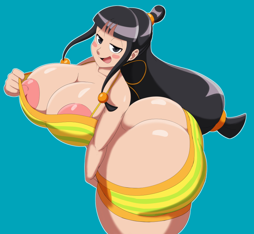 areola areola_slip areolae areolae_slip ass_cleavage big_ass big_breasts big_butt black_eyes black_hair blush blushing_at_viewer butt_crack capcom eyes_half_open full_color full_colour gyakuten_saiban hair_accessory hair_ornament hi_res high_resolution highres huge_ass huge_butt hyper large_ass large_breasts large_butt maya_fey mechspazer outline seducing seducing_viewer seductive seductive_look simple_background smug smug_expression smug_face smug_smile soft_shading solo_female swimsuit swimsuit_pull tagme top-down_view top_down_view voluptuous voluptuous_female