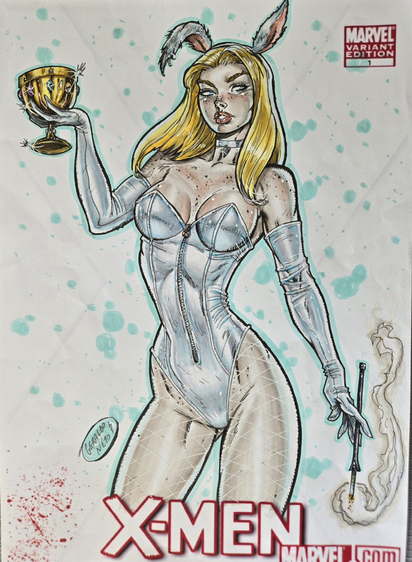 blonde_hair blue_eyes bunny_ears bunnysuit cigarette_holder curvy emma_frost female female_only fishnets geraldo_neto marvel marvel_comics tall_female white_queen x-men