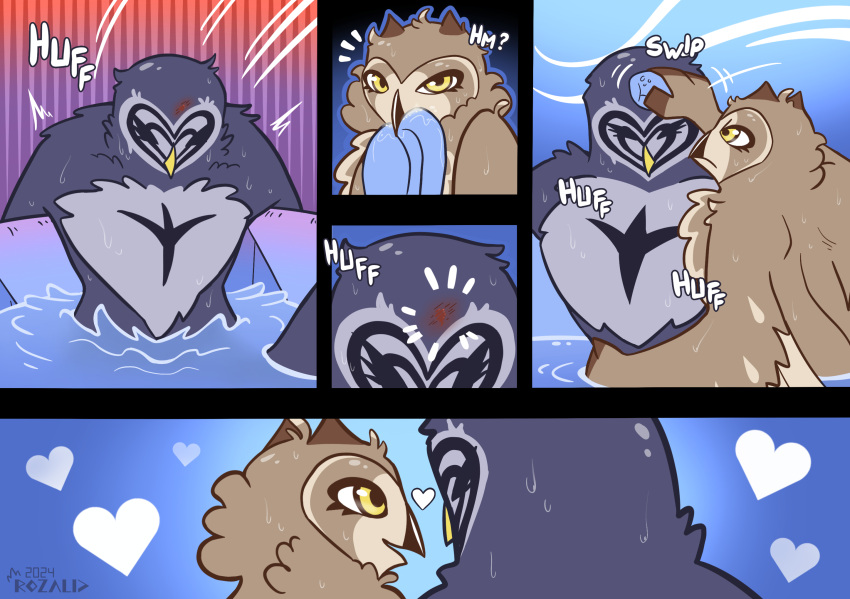 after_sex anthro avian bathtub beak bird blue_body bodily_fluids comic covering covering_mouth covering_own_mouth covering_self cum cum_in_mouth cum_inside duo eared_owl feathers female flammeusia flat_colors genital_fluids great_grey_owl heart_(marking) hi_res kinky_owls male male/female markings muscular nebulowl nude owl rozalid shadowed_eyes short-eared_owl sound_effects strix_(genus) sweat tan_body towel true_owl water yellow_eyes