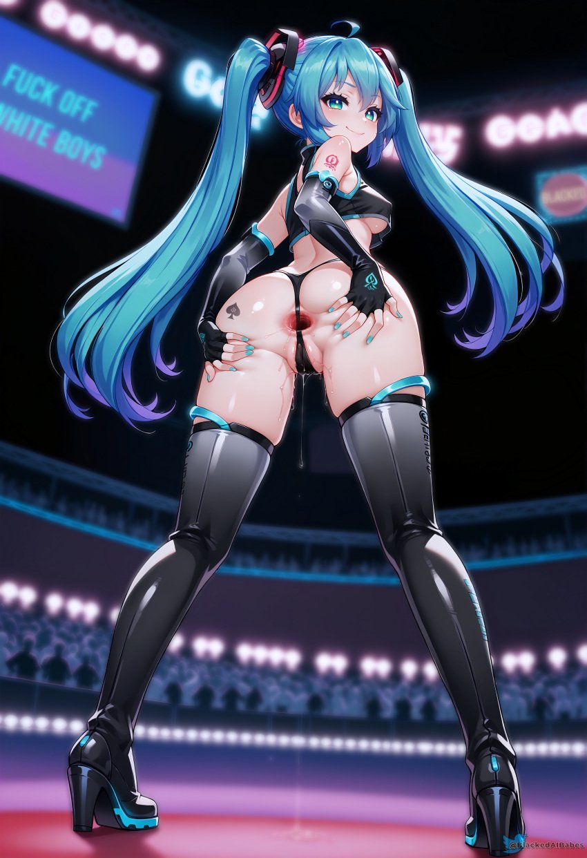 ai_generated aqua_eyes aqua_hair ass ass_grab bare_shoulders blackedaibabes concert crowd from_behind full_body gaping_anus grabbing_own_ass hatsune_miku high_heel_boots high_heels looking_back qos qos_tattoo queen_of_spades smirk smug standing thighhighs twintails underboob vocaloid