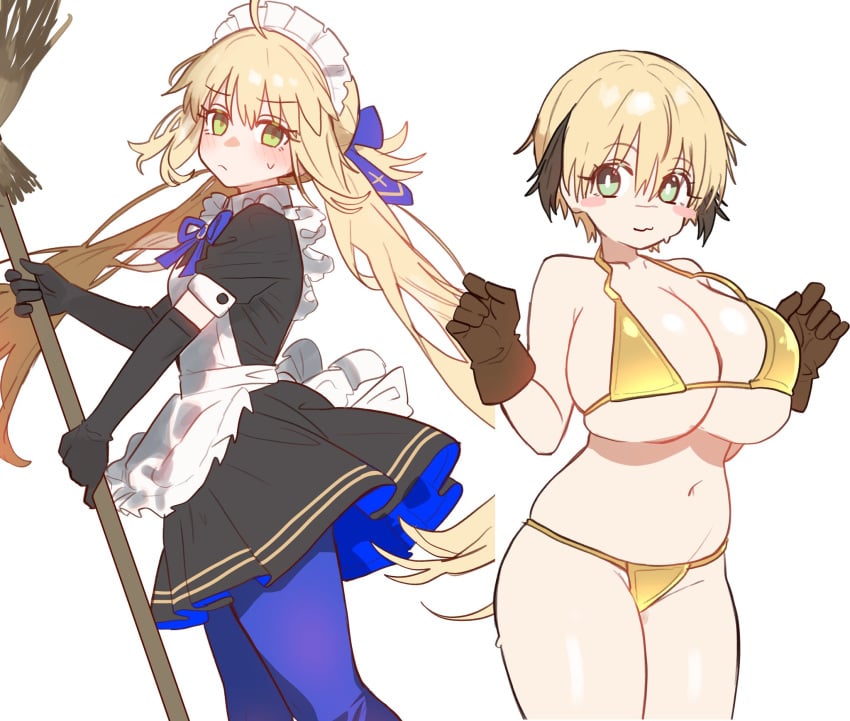 2girls :3 artoria_pendragon artoria_pendragon_(caster) bikini blonde_hair blush breast_size_difference breasts ebora embarrassed fate/grand_order fate_(series) female gareth_(fate) gloves gold_bikini green_eyes huge_breasts large_breasts long_hair maid maid_headdress maid_outfit short_hair small_breasts swimsuit thick_thighs twintails wide_hips youngmanisdown