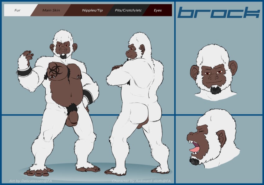 anthro ape armpit_hair ass backsack balls barefoot biohazard_symbol color_swatch crossed_arms english_text flaccid flat_colors front_view full-length_portrait full_length geometric_background gorilla haplorhine headshot_portrait looking_at_viewer male male_only mammal model_sheet monkey monkey_boy monkey_feet multiple_images musclegut nipple_piercing nipples nokemy nude open_mouth penis perineum piercing pinup portrait pose prehensile_feet primate pubes rear_view smirk smug solo soul_patch standing tattoo text tongue tongue_out uncut yawn