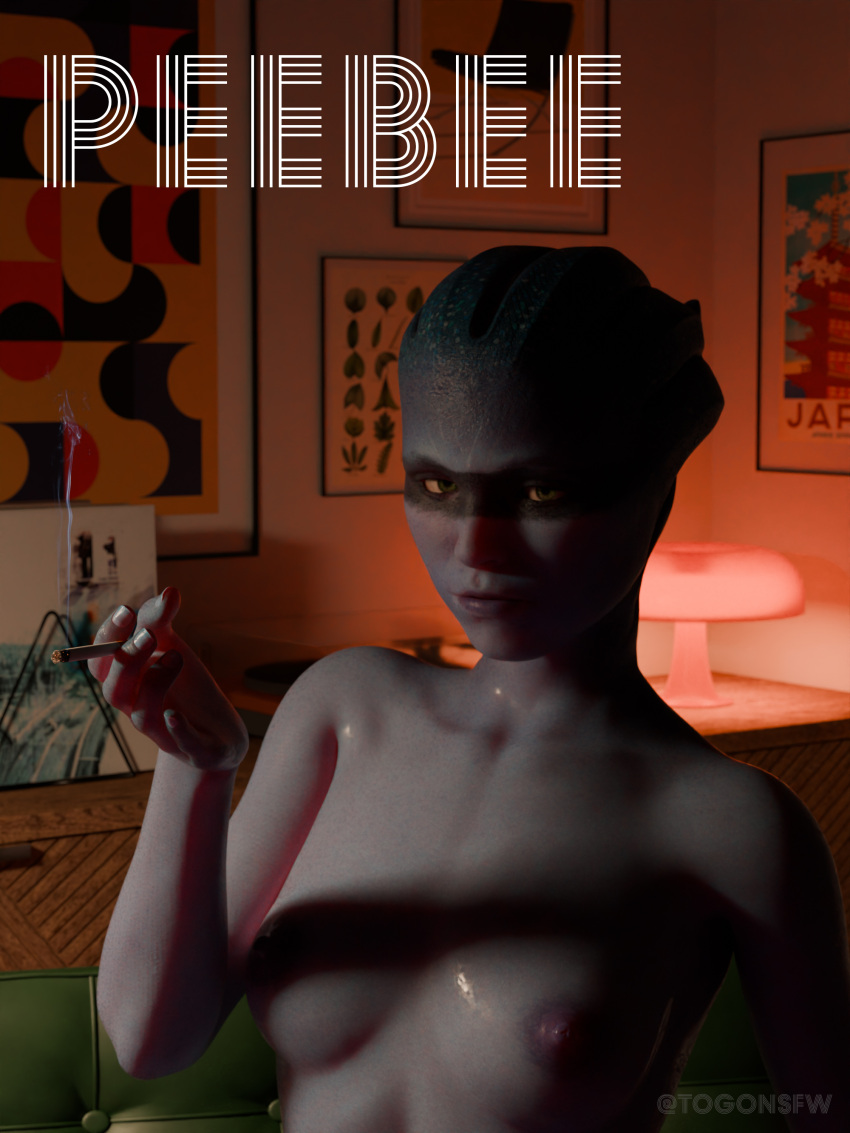 3d cigarette furniture mass_effect mass_effect_andromeda peebee small_breasts softcore suggestive_look topless