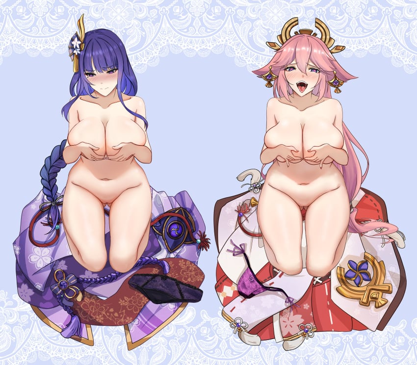 2girls ahe_gao aroused ass_visible_through_thighs bow_panties braid braided_hair clothes_on_floor completely_naked covering_breasts covering_nipples embarrassed embarrassed_nude_female enf female_only flower_pattern frilled_panties genshin_impact hair_ornament heart-shaped_pupils humiliation kneeling large_breasts long_braid long_hair looking_away looking_down lustful_gaze meiozawa93712 multiple_girls naked nontraditional_miko on_knees open_mouth ozawa_mei paizuri_invitation purple_hair purple_kimono purple_panties raiden_shogun red_skirt string_panties stripped stripped_naked tongue_out white_dress yae_miko