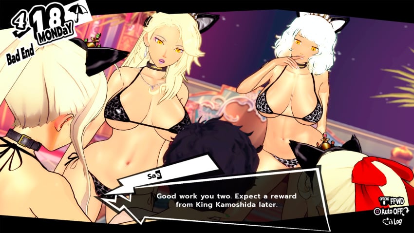 2024 bimbo bimbofication blonde_hair cat_ears cuckold curvaceous dark-skinned_female gyaru kasumi_yoshizawa koikatsu large_ass large_breasts lordem makeup micro_bikini netorare persona persona_5 sadayo_kawakami sae_niijima sakura_futaba yellow_eyes