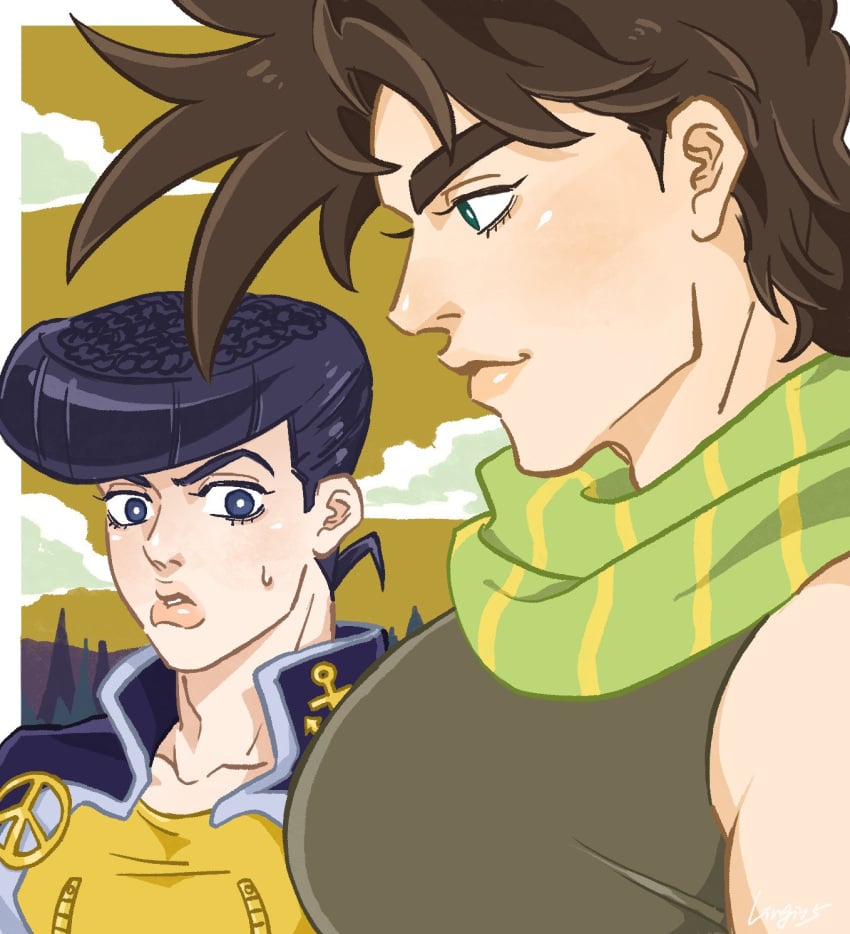 2boys battle_tendency diamond_is_unbreakable father_and_son girl_staring_at_guy's_chest jojo's_bizarre_adventure joseph_joestar josuke_higashikata lingi looking_at_another looking_at_pecs male_focus meme pompadour surprised