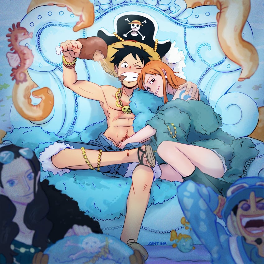 black_hair color colored female female/male female_masturbing_male fish food ginger ginger_hair handjob handjob_under_clothes hands_down_pants hidden_sex hidden_sexual_act jacking_off_another jewelry king_and_queen male male/female monkey_d_luffy muscular nami nami_(one_piece) nico_robin one_piece orange_hair pirate_hat post-timeskip public_sex scar seahorse smile smiling smiling_at_viewer tentacle throne throne_room tony_tony_chopper touching_penis usopp zantinaa