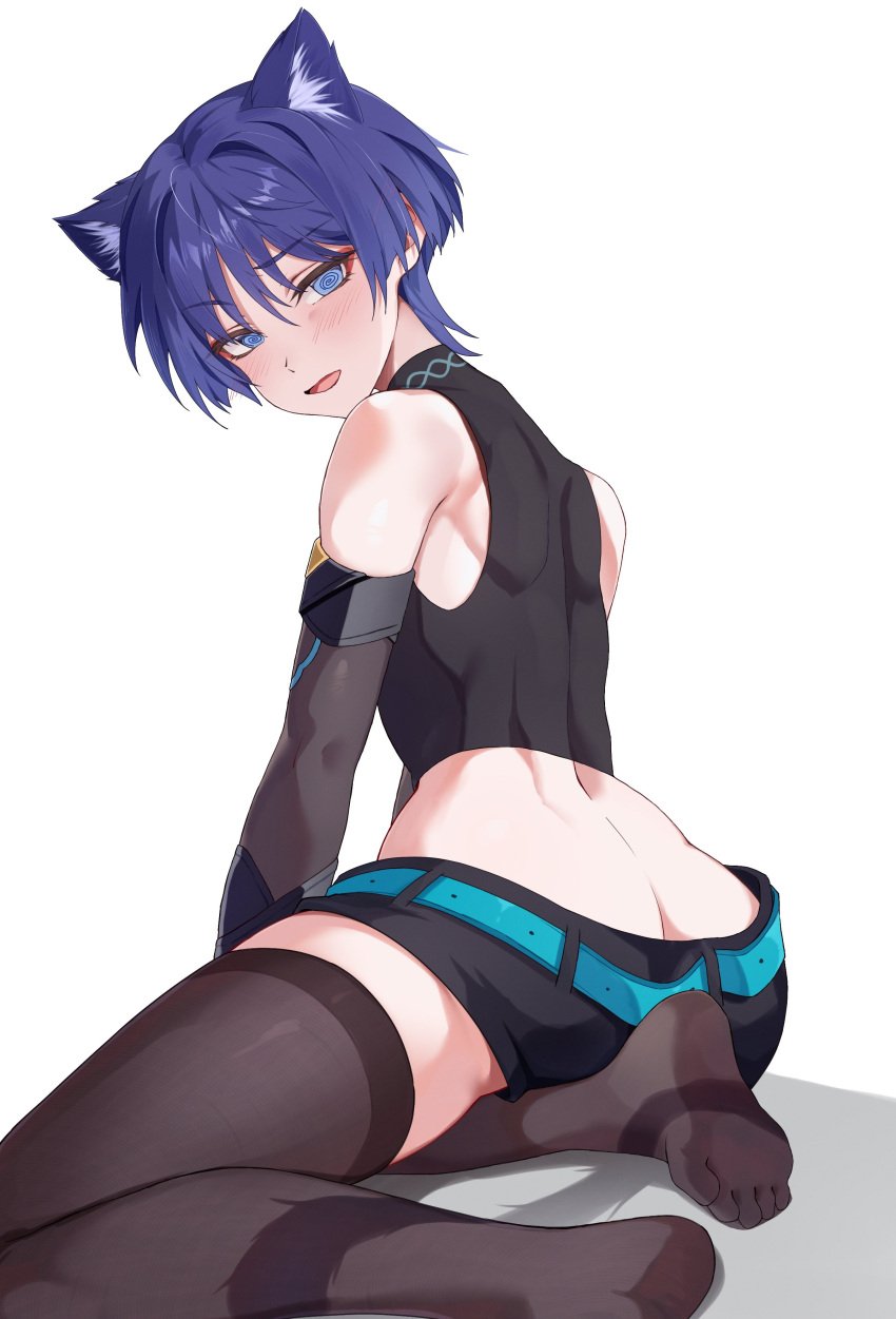 1boy arched_back ass bare_shoulders blue_eyes blue_hair blush cat_ears cat_humanoid cat_tail catboy chobonu crossdressing dumptruck_ass embarrassed feet femboy genshin_impact girly hi_res hips looking_at_viewer male male_only matching_hair/eyes open_mouth scaramouche_(genshin_impact) shorts solo tagme thighhighs twink