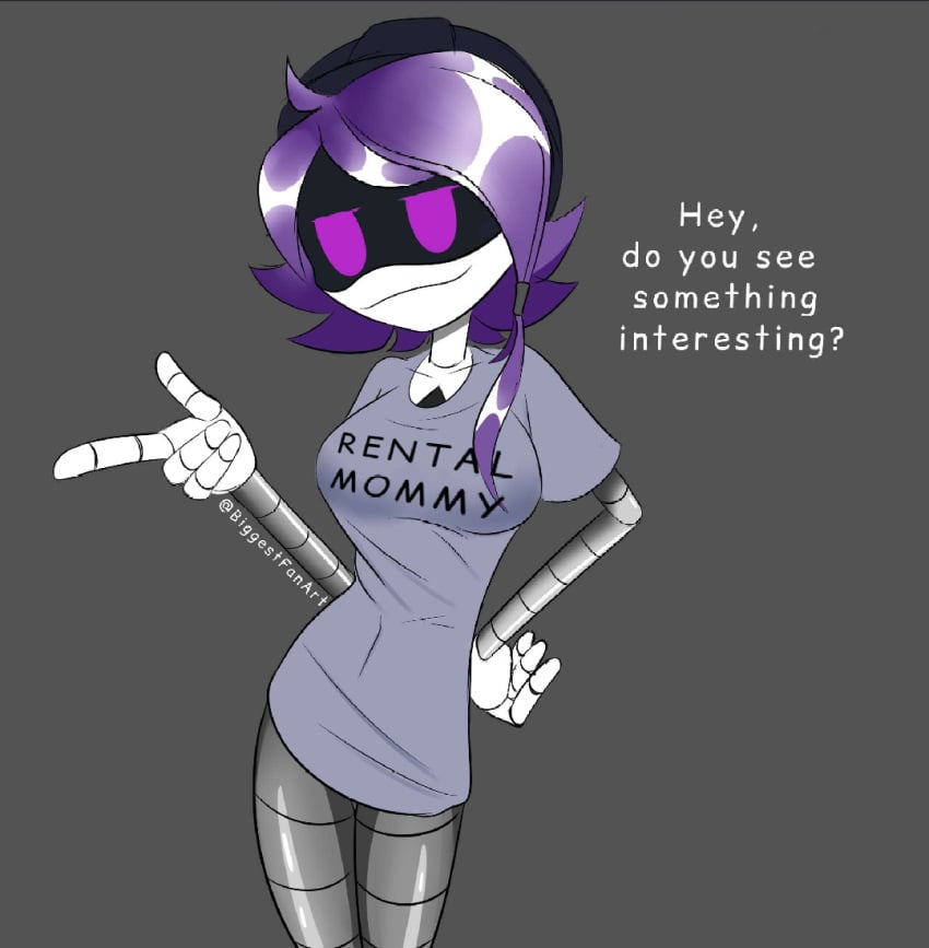 1girls 2d biggestfanart english_text female female_only humanoid murder_drones nori_(murder_drones) purple_eyes purple_hair rental_mommy_shirt robot robot_girl robot_humanoid screen_face smile solo tagme talking text