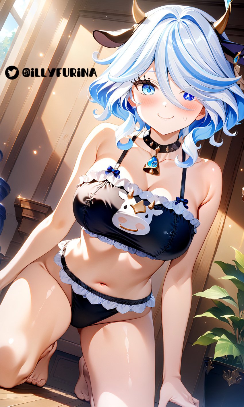 ai_generated blue_eyes blue_hair breasts cow_bra cow_collar cow_costume cow_ears cow_girl cow_horns cow_panties flushed_face furina_(genshin_impact) genshin_impact illyfurina looking_at_viewer navel pale-skinned_female pijama seductive seductive_look seductive_smile semi_nude shy smiling squatting