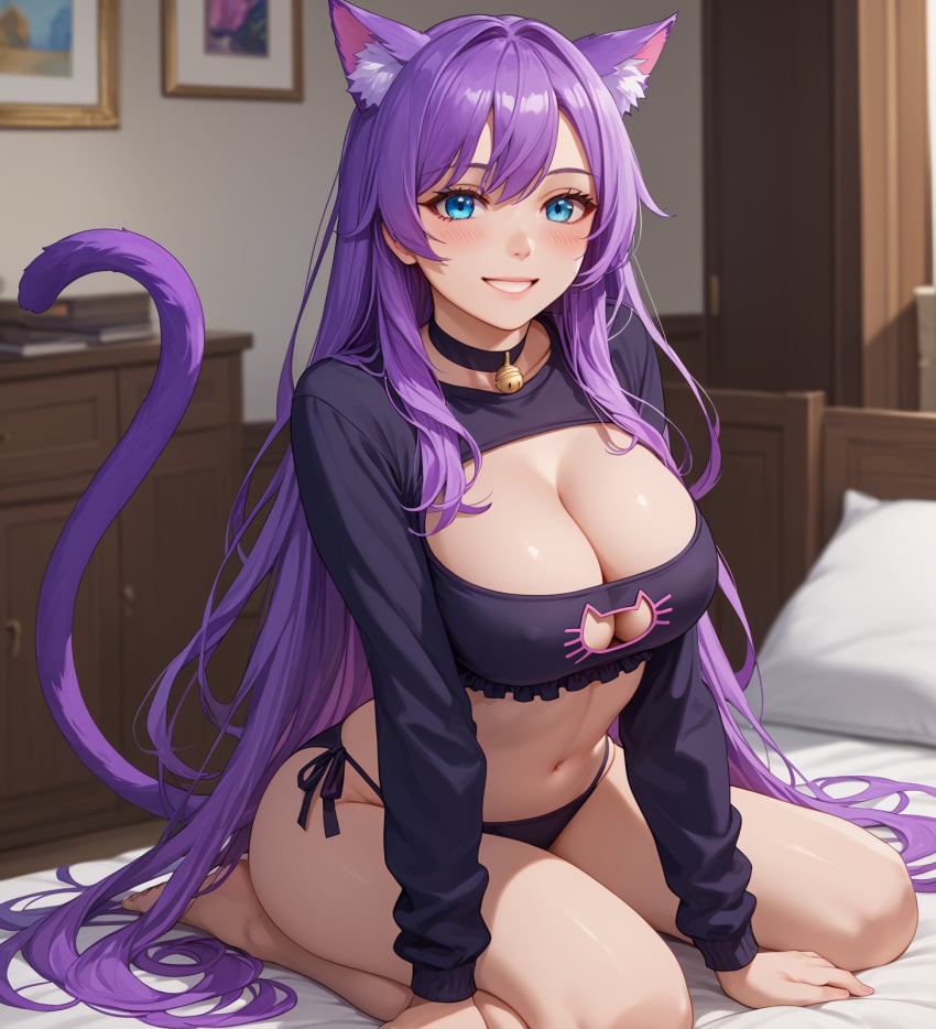 1girls 2d ai_assisted ai_generated athletic bell_collar big_breasts blue_eyes blush breasts cat_cutout cat_ears cat_girl cat_tail catgirl cleavage collar cosplay curvy_female cutout excited female female_focus fit_female front_view girl huge_breasts humanoid kneeling knees light_skin looking_at_viewer mature_female mature_woman midriff midriff_baring_shirt neko nekomimi nyan_ai nyanai outfit pale_skin pose purple_hair sfw shiny_skin smile solo thick_thighs