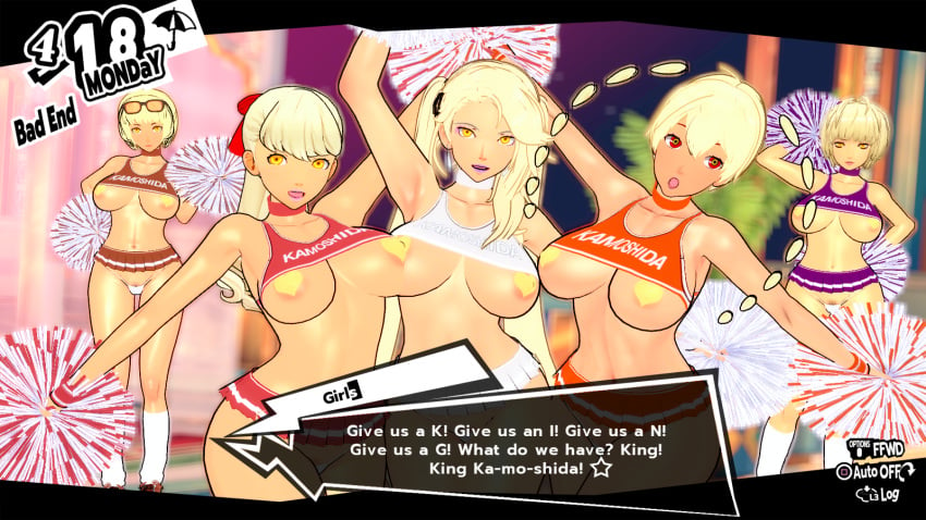 2024 bimbo bimbofication blonde_hair cheerleader_uniform cuckold curvaceous dark-skinned_female enemy_conversion gyaru kasumi_yoshizawa koikatsu large_ass large_breasts lordem makeup netorare ohya_ichiko pasties persona persona_5 sae_niijima sophia_(persona_5) sumire_yoshizawa tae_takemi yellow_eyes