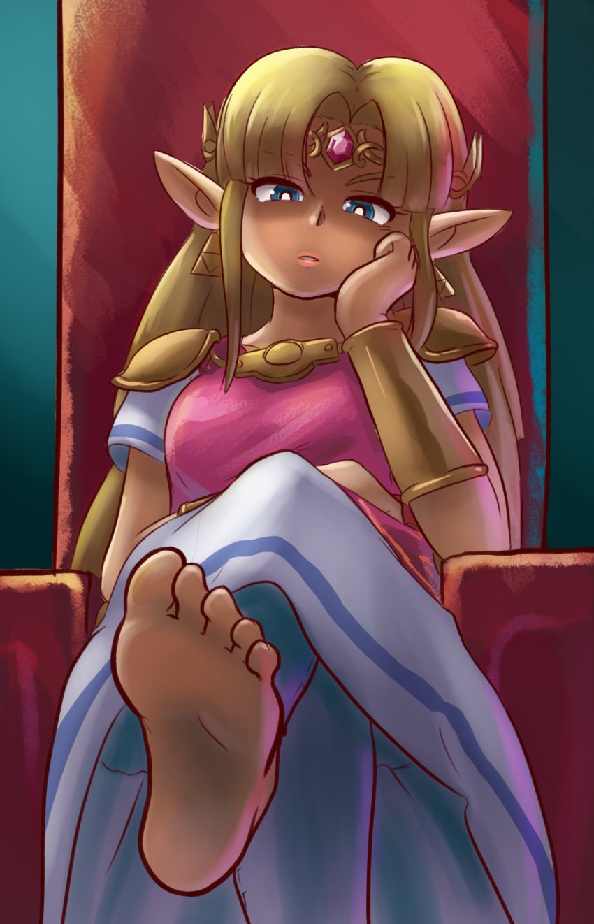 1girls blonde_hair blue_eyes clothed earrings elf_ears feet female_only foot_fetish foot_focus forehead_jewel knife_ears long_hair malev pointy_ears princess_zelda sitting solo solo_female the_legend_of_zelda throne zelda_(a_link_between_worlds)