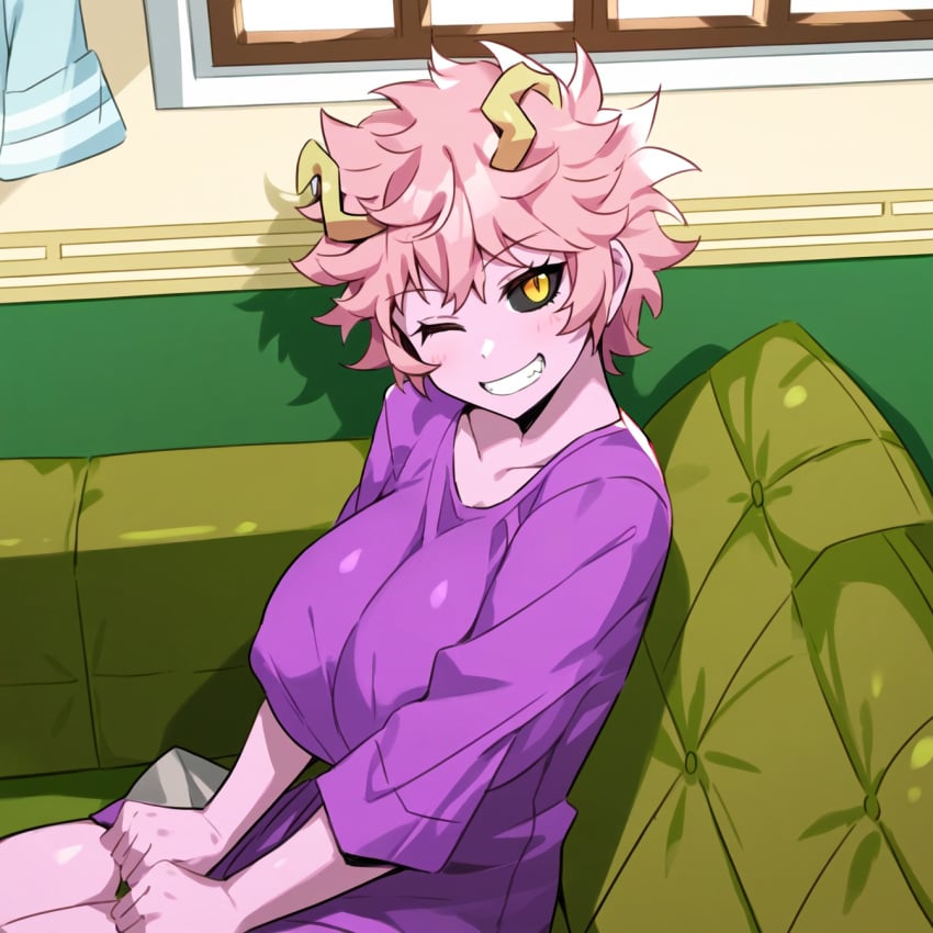 1girls ai_generated couch covered_nipples female grin huge_breasts looking_at_viewer mina_ashido mullon my_hero_academia novelai pink_hair pink_skin scene_reference