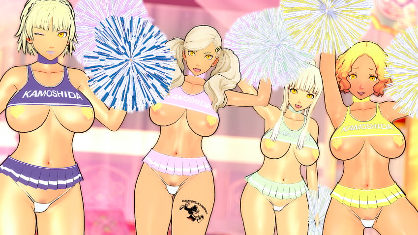 2024 ann_takamaki bimbo bimbofication blonde_hair cheerleader_uniform cuckold curvaceous dark-skinned_female enemy_conversion gyaru haru_okumura koikatsu large_ass large_breasts lordem makeup makoto_niijima netorare pasties persona persona_5 sakura_futaba yellow_eyes