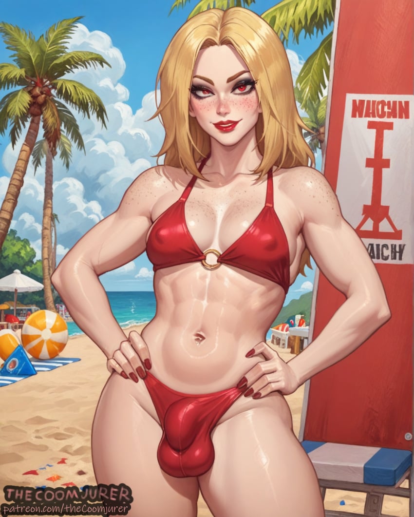 1futa abs ai_assisted ai_generated beach bikini blonde_female blonde_futa blonde_hair bulge bulge_through_clothing dickgirl eyelashes eyeliner eyeshadow freckles futa_only futanari hands_on_hips hands_on_own_hips looking_at_viewer makeup muscular muscular_female muscular_futanari pale-skinned_female pale-skinned_futanari pale_skin parted_hair penis_in_bikini penis_in_swimsuit red_bikini red_eyes red_lips red_lipstick solo swimsuit swimwear thecoomjurer toned toned_female toned_futa