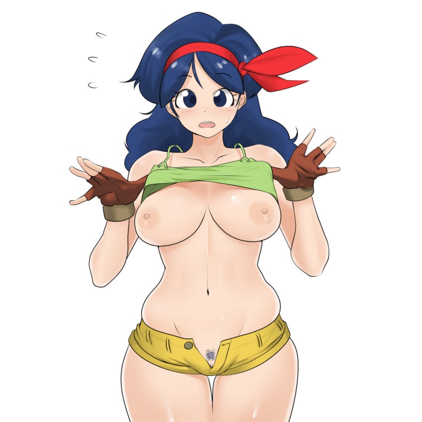 asha blue_eyes blue_hair blue_pubic_hair blush bow_hairband breasts brown_gloves clitoris clothes_lift commentary_request cowboy_shot dragon_ball dragon_ball_(classic) female fingerless_gloves gloves green_tank_top hairband highres launch lifted_by_self long_hair looking_at_viewer lunch_(dragon_ball) medium_bangs medium_breasts navel nipples no_bra no_panties open_fly open_mouth pubic_hair pussy pussy_peek red_hairband shirt_lift short_shorts shorts simple_background solo tank_top teeth textless_version uncensored upper_teeth_only white_background yellow_shorts