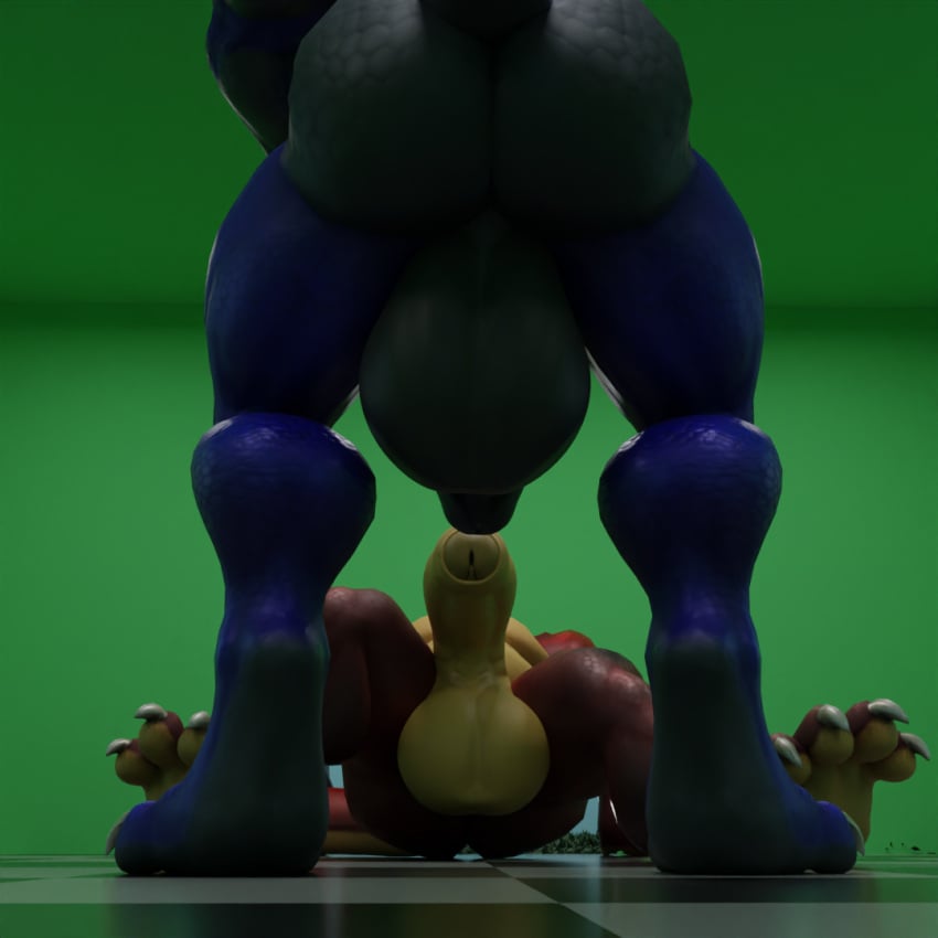 anthro ass backsack balls belly big_balls big_belly big_butt big_penis black_penis blue_body dergdrister dragon drister_(dergdrister) duo faceless_character faceless_male genitals growth huge_balls huge_cock hyper hyper_balls hyper_genitalia hyper_penis larger_male male male/male muscular mythological_creature mythological_scalie mythology paws penis rear_view red_body scalie simple_background size_difference slightly_chubby tyler_(dergdrister) yellow_penis