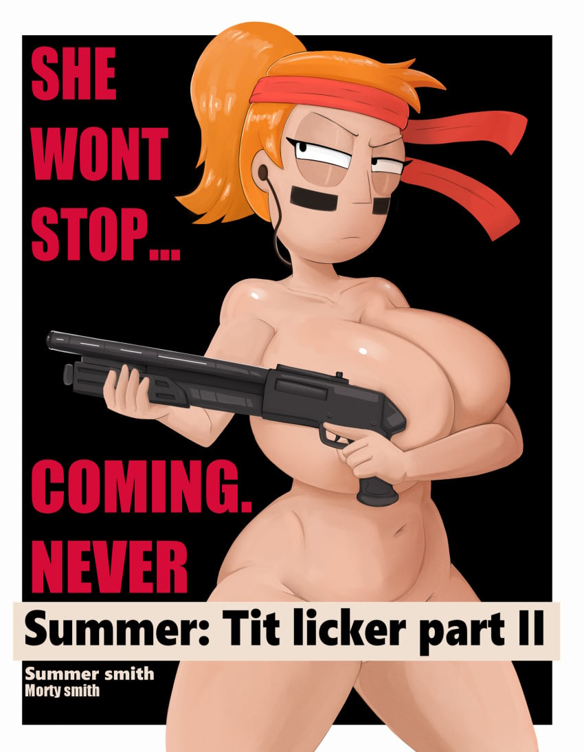 1girls adult_swim bandana big_boobs big_breasts casual censored_nipples completely_nude completely_nude_female confident convenient_censoring facepaint female female_only firearm huge_breasts human light-skinned_female naked naked_female no_bra no_panties nude nude_female orange_hair pale_skin poster rick_and_morty shotgun solo solo_female spakka5 summer_smith weapon