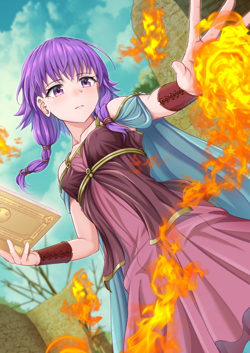 1girls bangs bare_arms bare_shoulders blush book breasts cape closed_mouth cloud cloudy_sky collarbone commission covered_nipples dress dutch_angle expressionless female female_only fire fire_emblem fire_emblem:_the_sacred_stones from_below highres holding holding_book jewelry long_hair looking_at_viewer lute_(fire_emblem) magic medium_hair nintendo outdoors pink_dress pink_eyes purple_eyes purple_hair rock shoulders skeb_commission sky sleeveless sleeveless_dress small_breasts solo tight_clothes tight_dress twintails wall zenrakishi