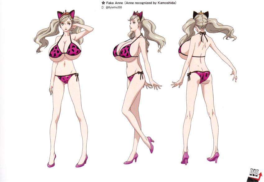 alternate_breast_size ann_takamaki big_breasts bikini blonde_hair blue_eyes breasts_bigger_than_head byleths200 clothed clothing cognitive_ann edit fake_cat_ears female high_heels huge_breasts human leopard_print official_art pale_skin persona persona_5 swimwear twintails