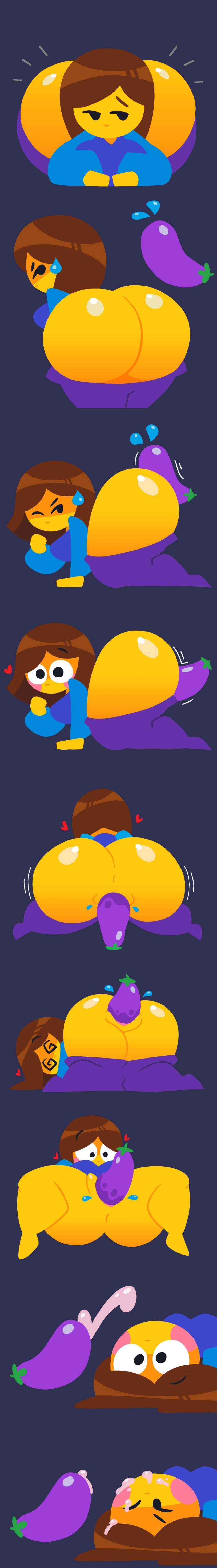 1girls @_@ all_fours ass ass_bigger_than_torso big_ass big_breasts blue_shirt blue_sleeves blush blush_stickers bouncing_ass bouncing_breasts breasts brown_hair brown_hair_emoji bubble_butt clothing collage comic comic_strip cum cum_on_face cumshot eggplant eggplant_emoji emoji emoji_(race) enjoying enjoyment female female_penetrated food food_insertion from_side full_body happy_sex heart hearts_around_head huge_ass jjoyplus lineless_art looking_at_viewer looking_to_the_side loop medium_breasts moaning no_nose no_outlines pants_pull pants_pulled_down purple_pants pussy pussy_juice riding rubbing shiny_body shiny_skin shocked shocked_expression side_view simple_background solo spiral_eyes tagme teasing vaginal vaginal_insertion vaginal_penetration yellow_body yellow_skin