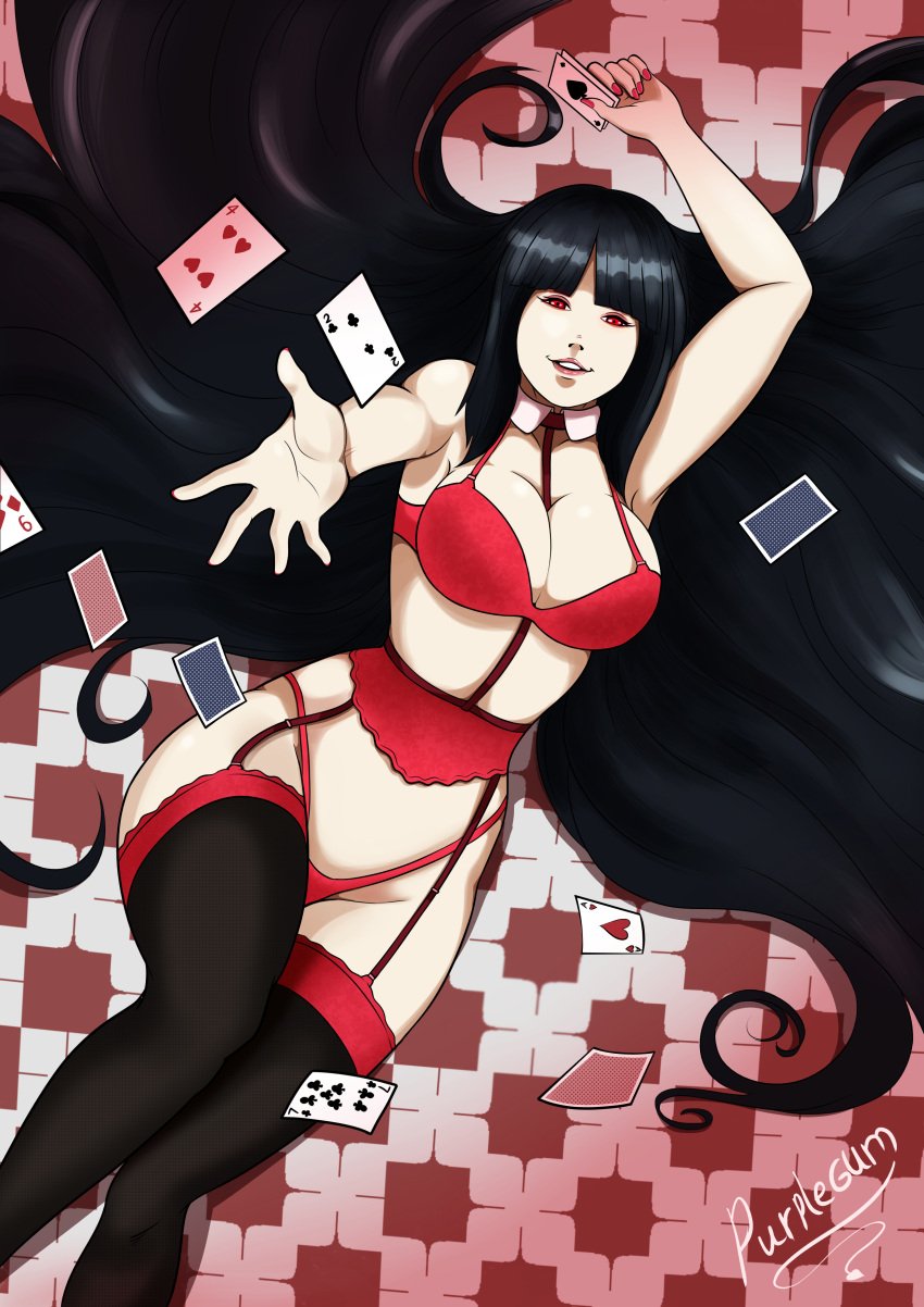 anime_girl big_breasts black_hair breasts jabami_yumeko kakegurui lingerie looking_at_viewer purplegum red_eyes tights