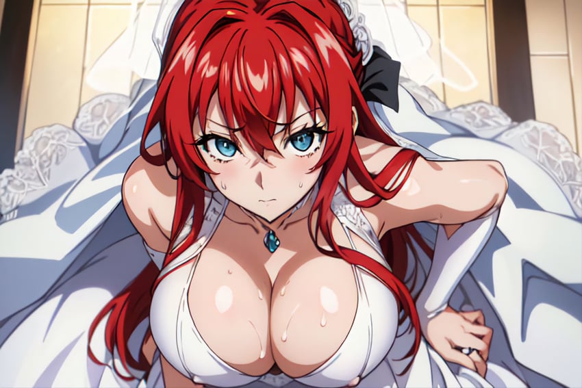 ai_generated cheating cheating_wife high_school_dxd on_knees pov pov_eye_contact rias_gremory slutty_outfit wedding_dress