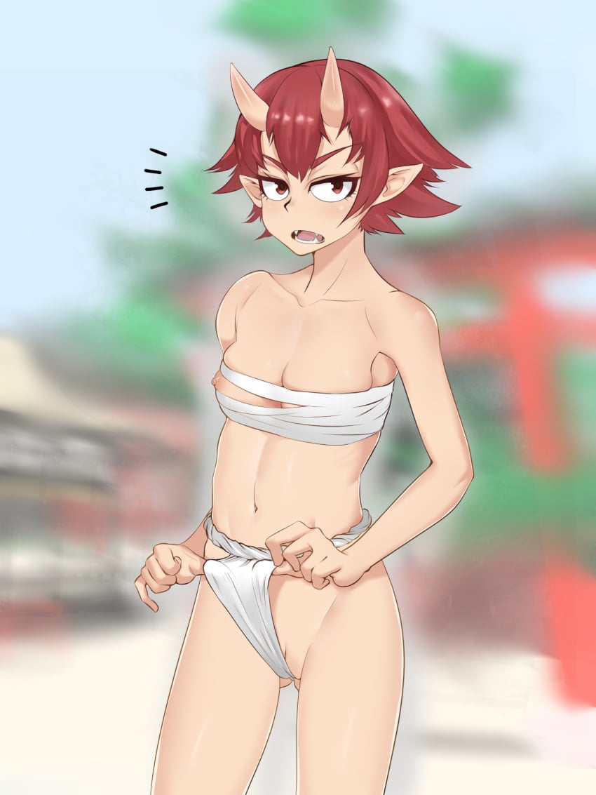 adjusting_fundoshi asha ass_visible_through_thighs blurry blurry_background breasts commentary_request cowboy_shot expressionless fangs female fundoshi highres horns japanese_clothes looking_at_viewer lower_teeth_only medium_bangs navel nipple_slip nipples notice_lines oni oni_female oni_horns open_mouth original pointy_ears pussy red_eyes red_hair redhead sarashi short_hair skin-covered_horns small_breasts solo teeth torii uncensored wardrobe_malfunction