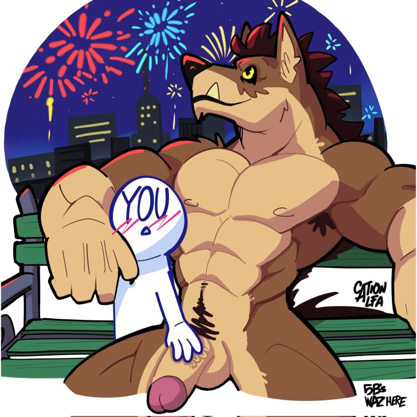 abs anthro balls biceps blush canid canine canis casual_nudity cationalfa duo fireworks fur genitals hand_on_penis hi_res humanoid_genitalia humanoid_hands humanoid_penis mad_wolfie male male/male mammal muscular muscular_anthro muscular_male navel night nipples nude outdoor_nudity outside pecs penis sky smile tail wolf