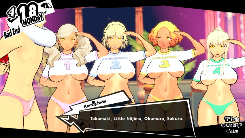 2024 ann_takamaki bimbo bimbofication blonde_hair bloomers buruma cuckold curvaceous dark-skinned_female enemy_conversion gyaru gym_clothes haru_okumura koikatsu large_ass large_breasts lineup lordem makeup makoto_niijima netorare persona persona_5 sakura_futaba salute shadow_kamoshida suguru_kamoshida underboob yellow_eyes