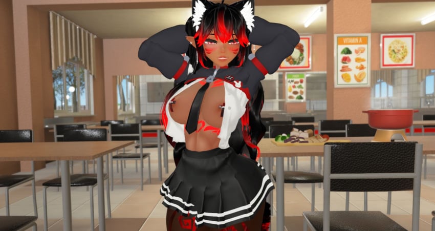 1girls 3d 3d_model accessories accessory ass athletic athletic_female bangs big_butt black_hair blush breasts breasts_out button_down_shirt cafeteria cat_ears cat_whiskers catgirl elf_ears female female_ass female_focus female_only fingers fit_female front_view handjob hands_behind_head humanoid in_public jewelry kinky_karma_vr knees legs light light-skinned_female light_skin long_hair looking_at_viewer mature_female mature_woman messy messy_hair nipple_covers no_pants pale_skin pasties perky_breasts pierced_ears piercing piercings pink_eyes public public_exposure red_hair school school_girl school_uniform schoolgirl schoolgirl_uniform short_skirt shorter_female showing_breasts showing_off skimpy_clothes skirt smile smiling smiling_at_viewer standing tagme tan_skin tattoo tattoos tease teasing thick_ass thighs two_tone_hair virtual_reality virtual_youtuber vrchat vrchat_avatar vrchat_media vrchat_model white_sclera